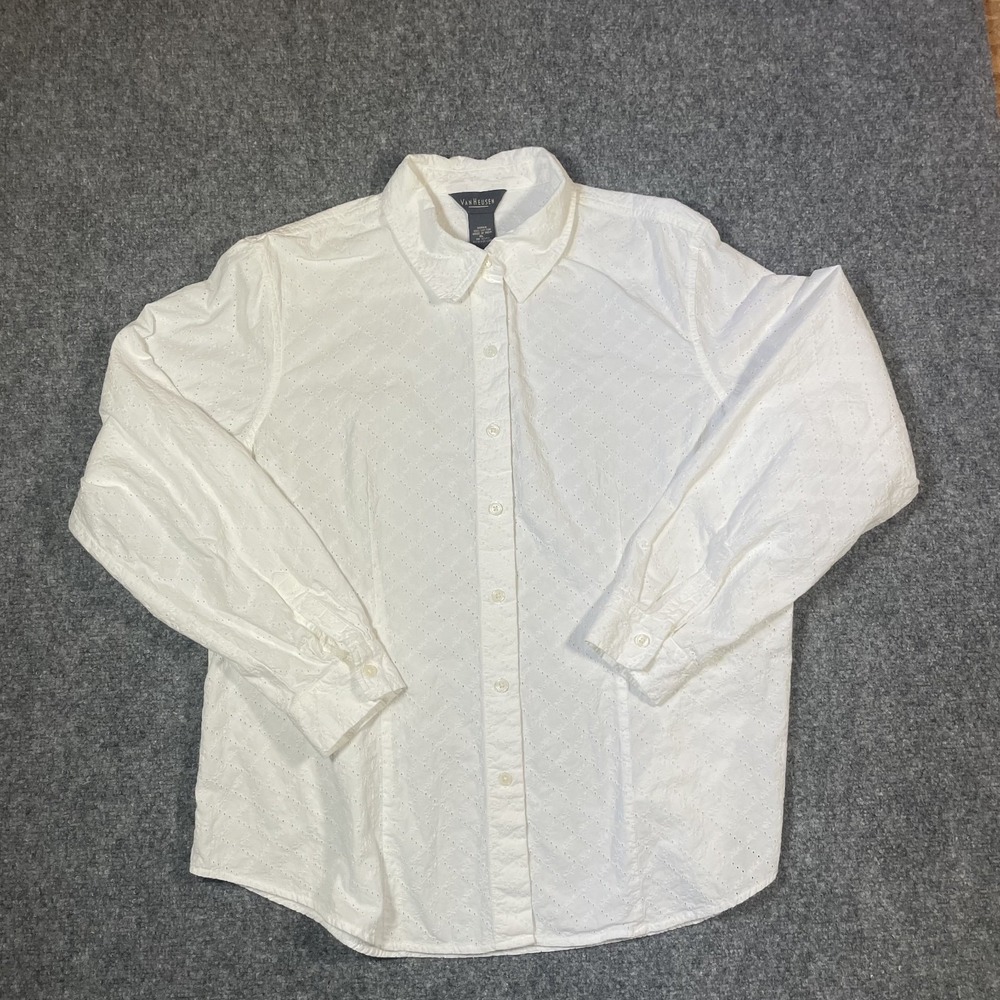 Van Heusen Women's Eyelet Button Up Top XL White Cotton Long Sleeve Cotton Shirt